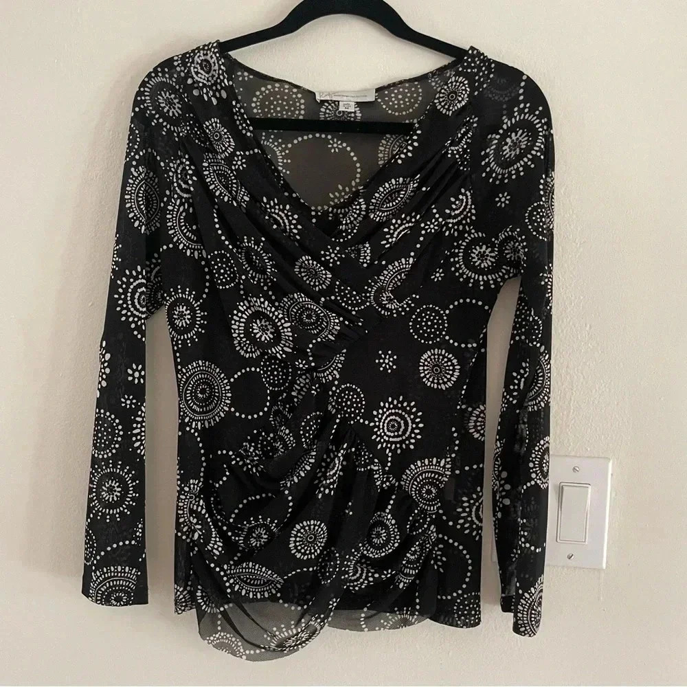 Renfrew Vintage 90s Sheer Mesh Drape Black White Long Sleeve Blouse Women’s Med